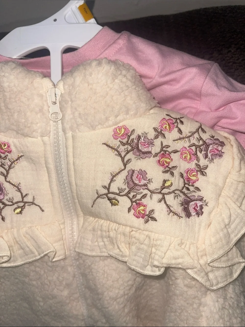 BearPaw Cream Sherpa Jacket with Pink Floral Embroidery & Lavender Pants
